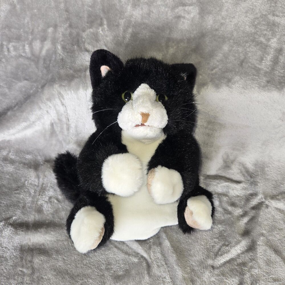 Folkmanis Tuxedo Kitten Hand Puppet 3179 Black White Cat Moveable Mouth 9"